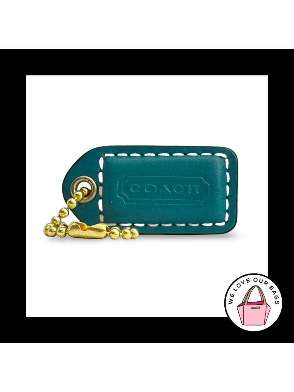COACH Y2K VINTAGE Hang Tag 1.5" Turquoise Blue Leather Bag Charm Fob Brass Small